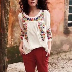 ANTHROPOLOGIE VANESSA VIRGINIA PEASANT EMBROIDERED POM POM BLOUSE 12